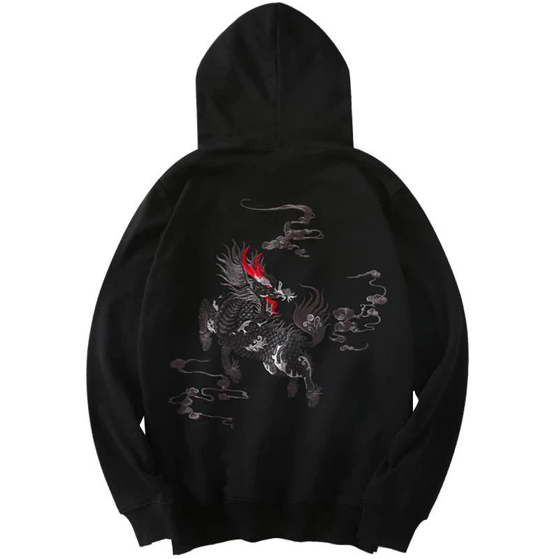 Kirin Embroidered Sukajan Hoodie with fiery mythical creature design in detailed stitching on cotton fabric


