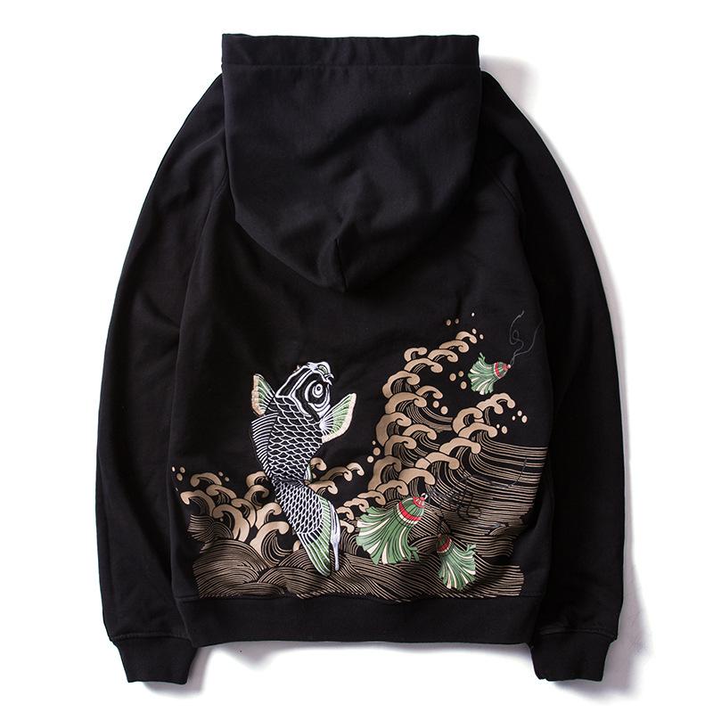 The Success Embroidered Black Hoodie – Bold Koi Leap for Ambition & Power