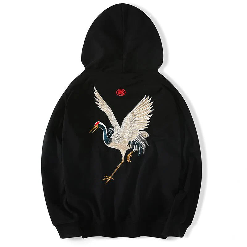 The Crane Embroidered Hoodie with traditional Japanese-style flying crane design in detailed stitching

