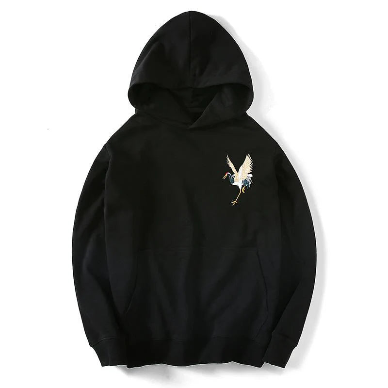 The Crane Embroidered Black Hoodie – Traditional Japanese Elegance