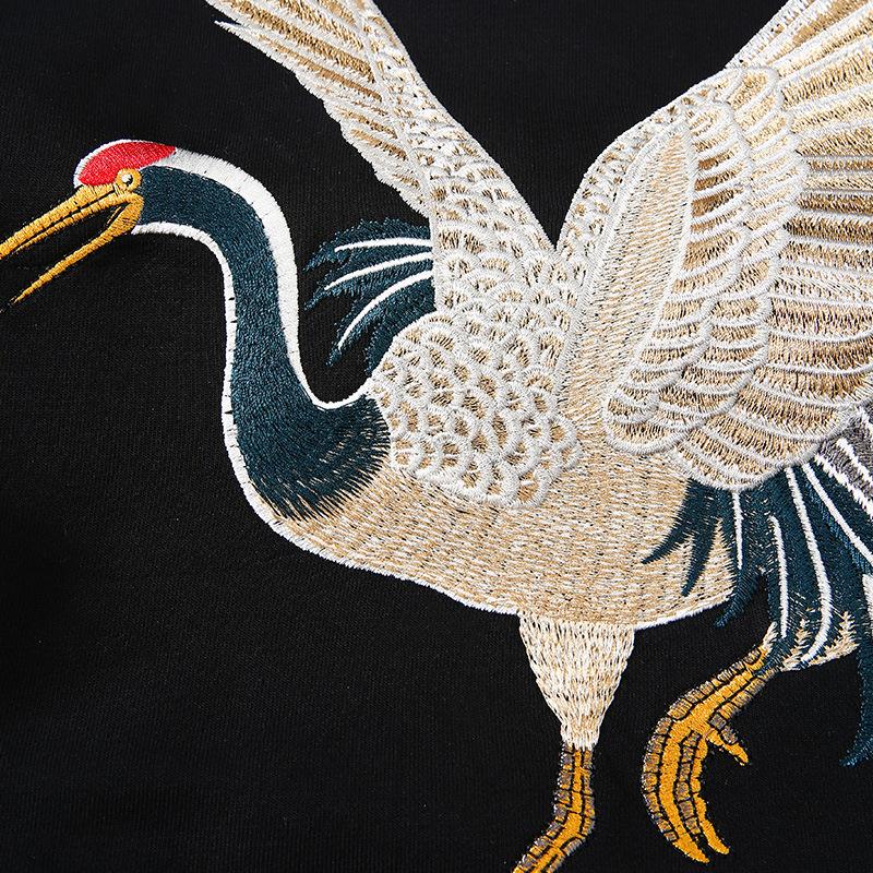 The Crane Embroidered Black Hoodie – Traditional Japanese Elegance